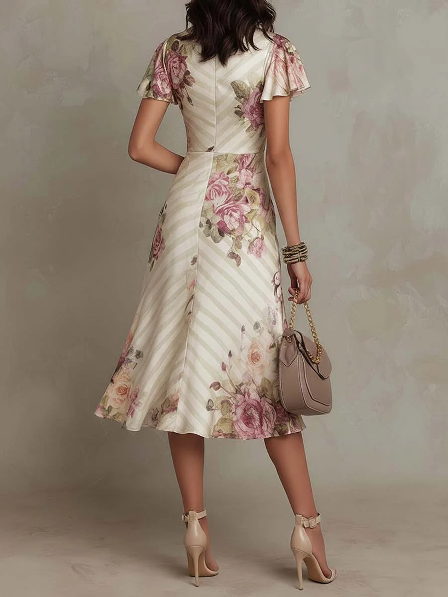 Albas | Elegant Retro Floral Satin Midi Dress