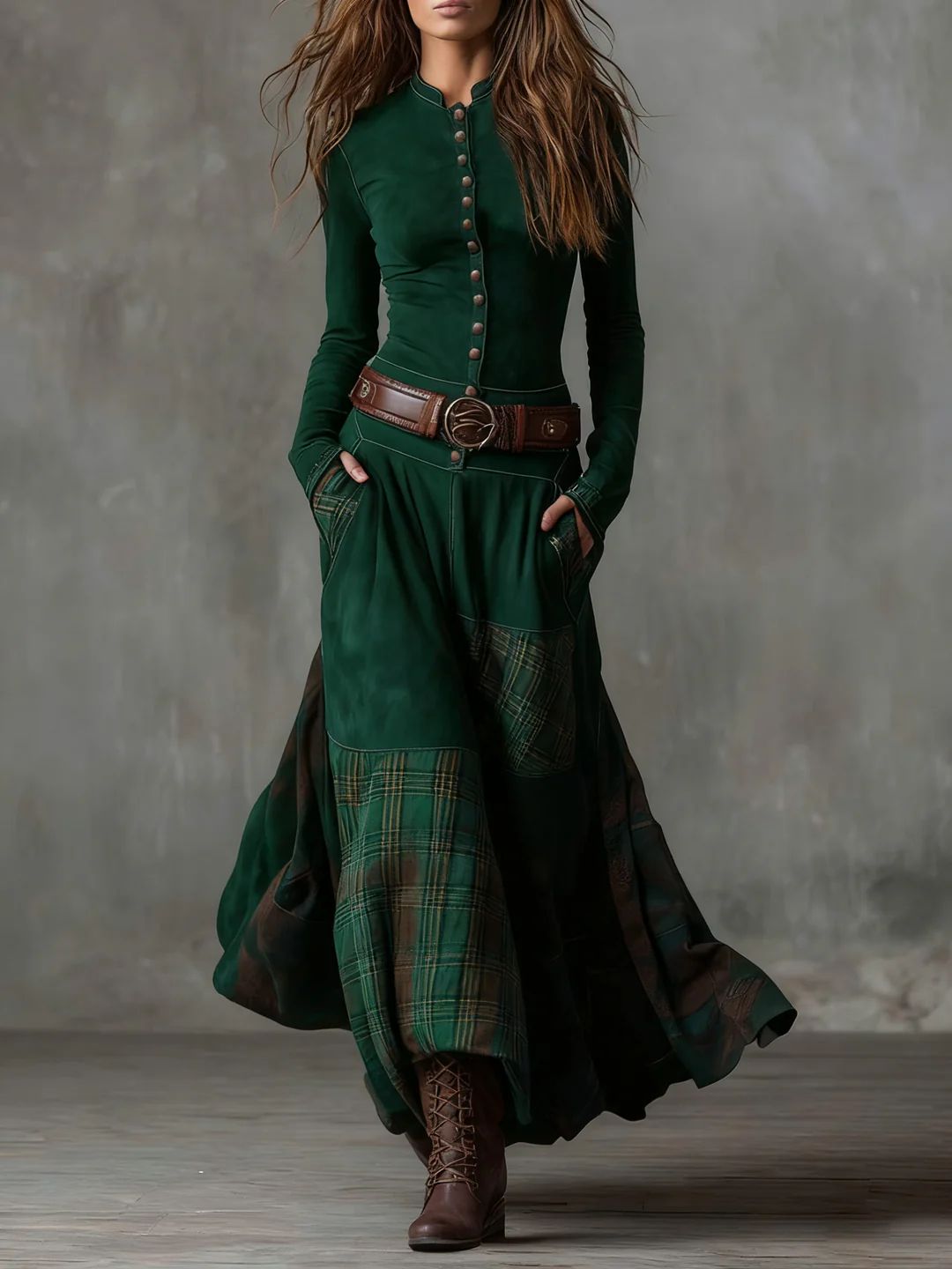 Leonora | Vintage Long Dress in Navy Blue Suede Check (Includes Belt)