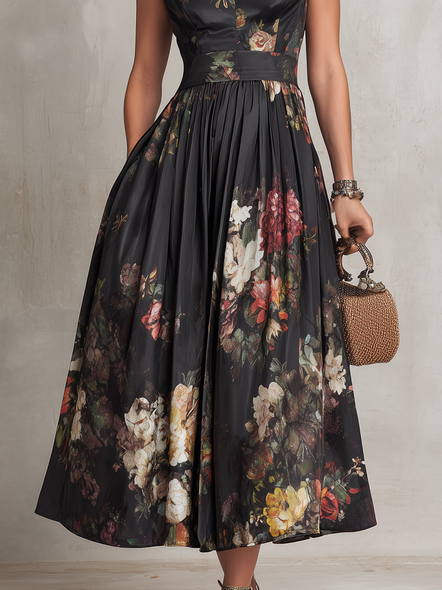 Sarah | Floral Keyhole Pleated Midi Dress