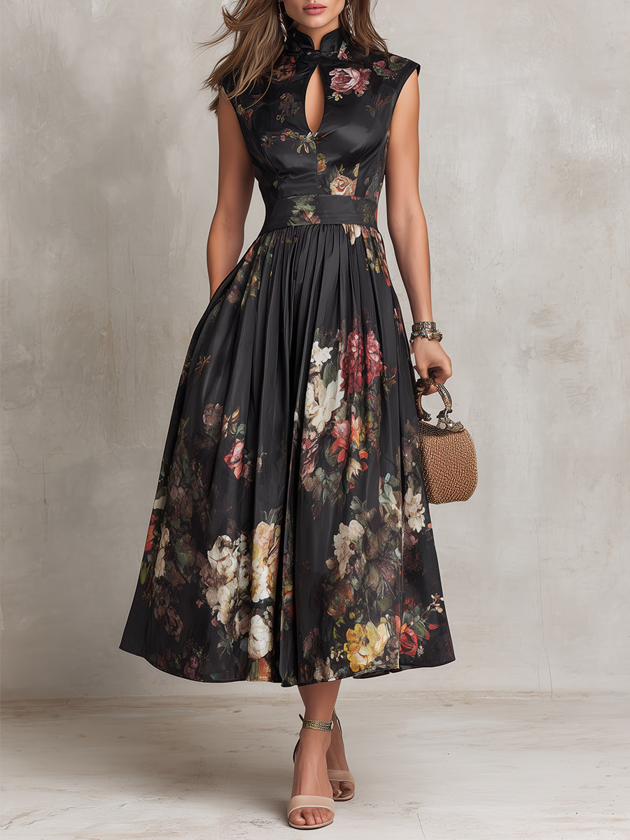 Sarah | Floral Keyhole Pleated Midi Dress