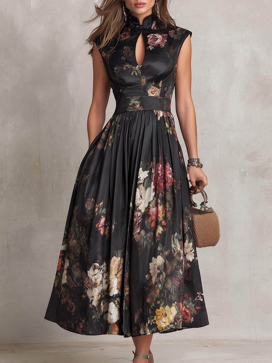 Sarah | Floral Keyhole Pleated Midi Dress