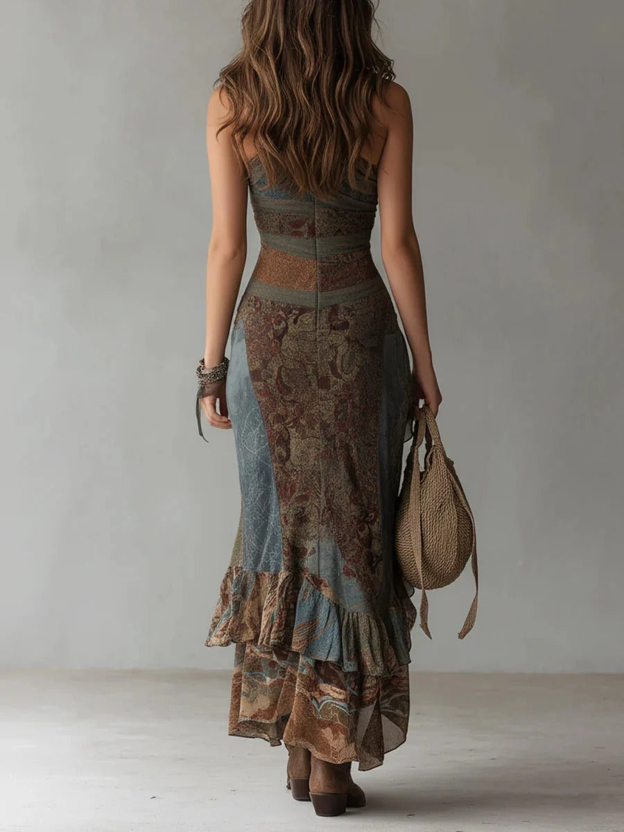 María | Asymmetrical long dress with ethnic print and side slit